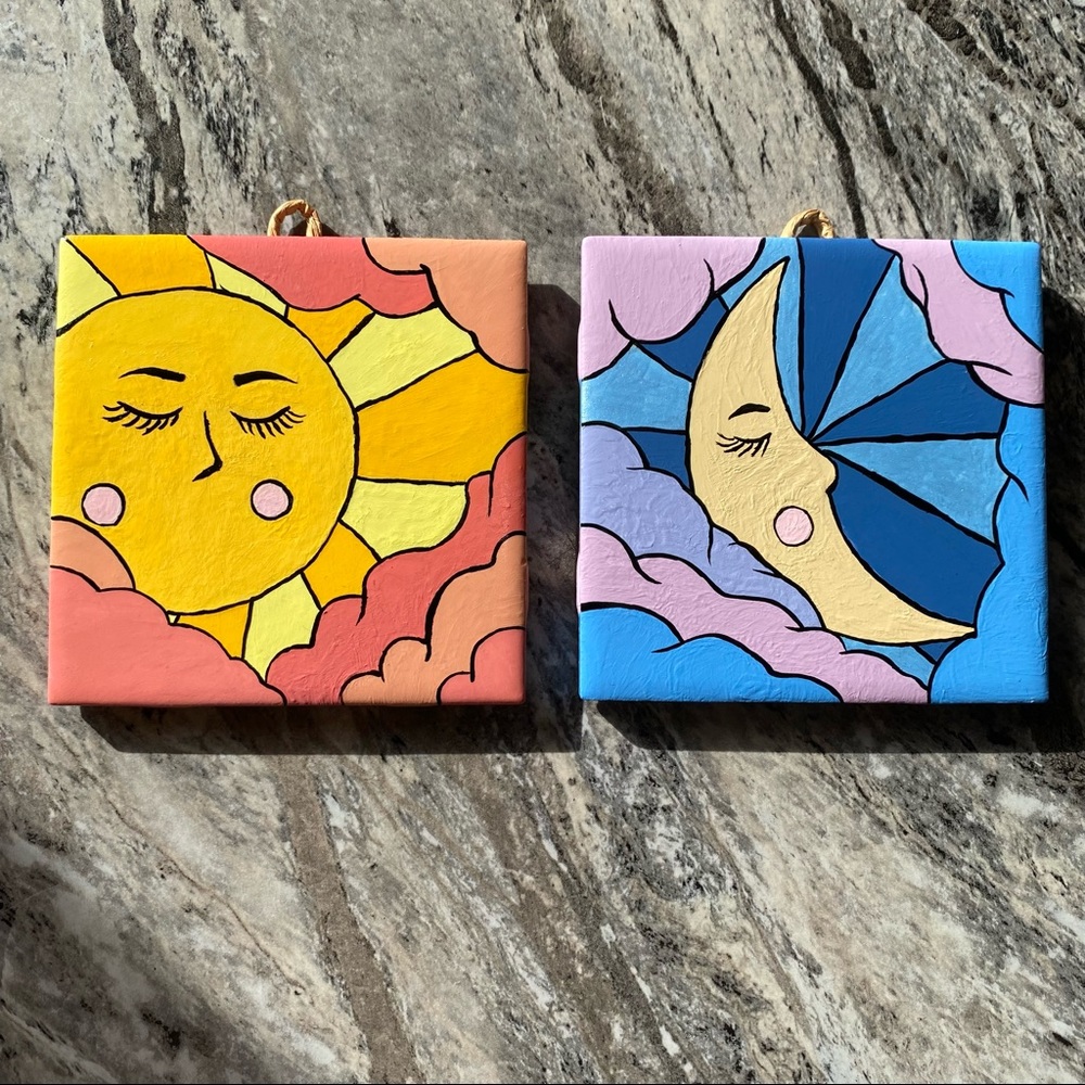 Sun & Moon Hand Painted Art Tiles, Coasters, Decoration